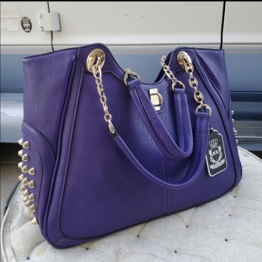 MonSantino NWT Purple PU Leather Handbag Gold Cone Studs Chain Shoulder Tote Bag